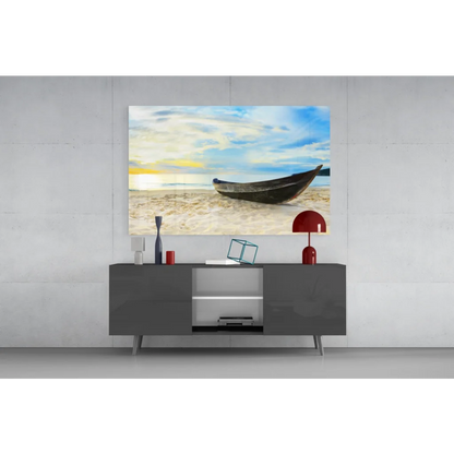Weathered wooden boat on sandy beach sunset wall art canvas print