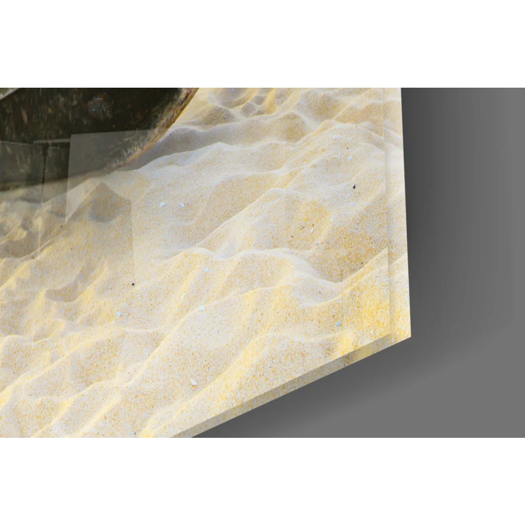 Translucent glass wall art of sunset beach dunes with golden highlights