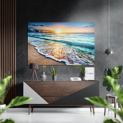 Vibrant sunset beach canvas on brushed aluminium dibond print