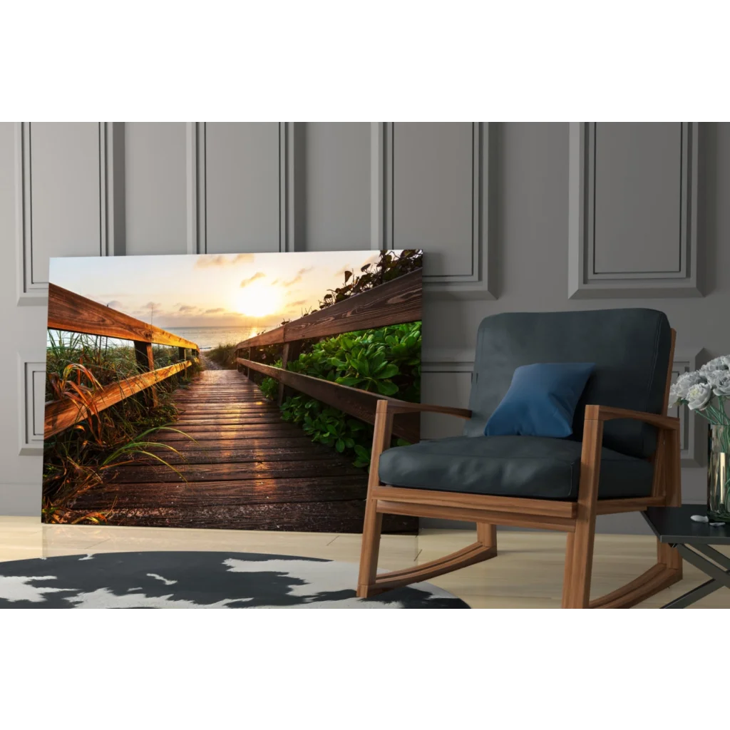 Serene sunset boardwalk wall art canvas print with golden glow