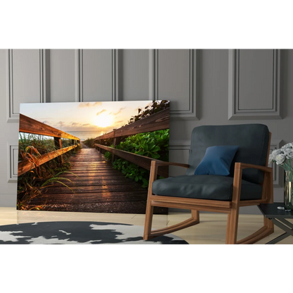 Serene sunset boardwalk wall art canvas print with golden glow