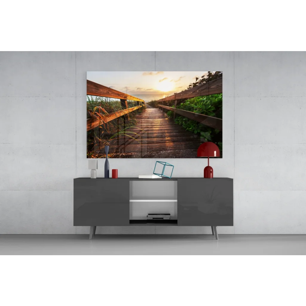 Sunset boardwalk wall art canvas print with golden glow on wet planks