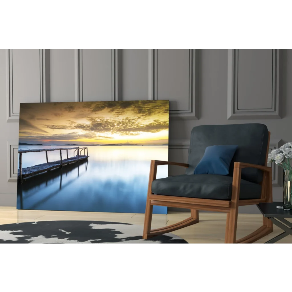 Serene sunset pier canvas wall art with golden hour reflection