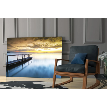 Serene sunset pier canvas wall art with golden hour reflection