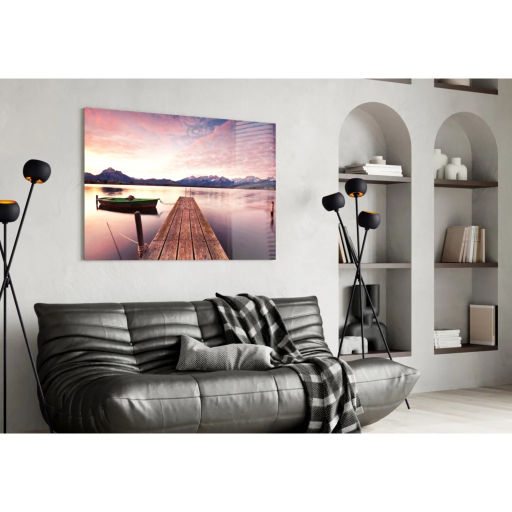 Twilight Lake Dock Canvas Wall Art with Mountain Sunset | Contemporary Home Wall Art | vintageantiquesgifts.com
