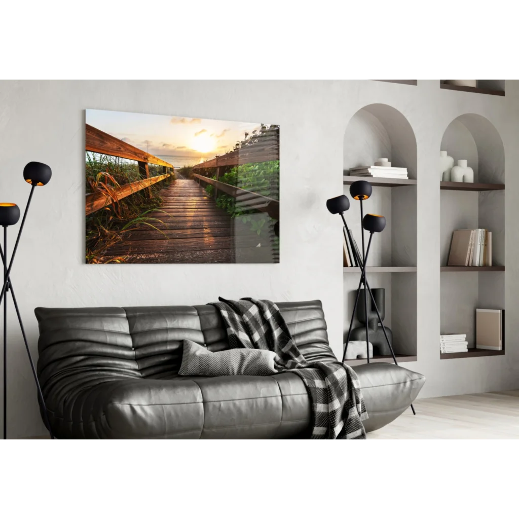 Sunset boardwalk canvas wall art with golden glow on wall