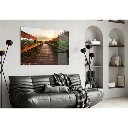 Sunset boardwalk canvas wall art with golden glow on wall