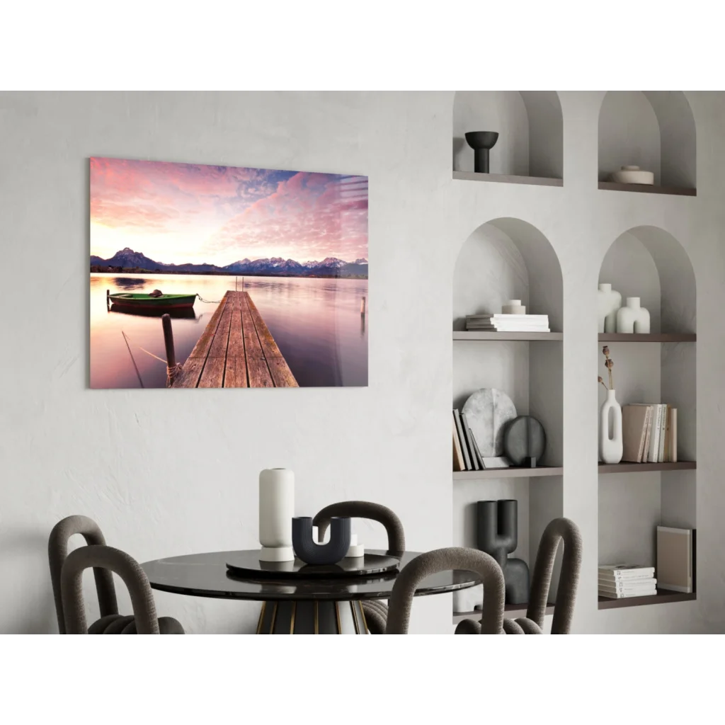 Serene lakeside dock with mountains at twilight, canvas wall art