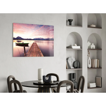Serene lakeside dock with mountains at twilight, canvas wall art