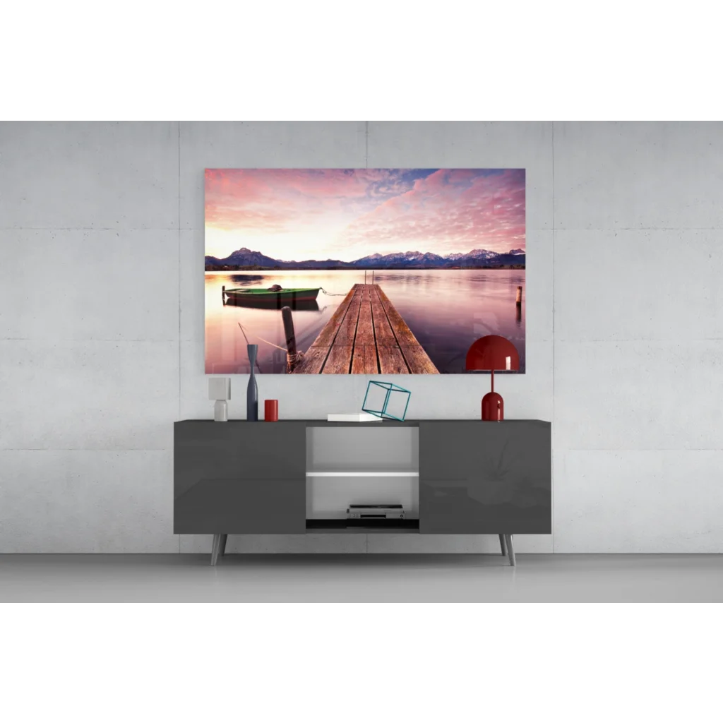 Serene Twilight Lake Dock wall art with mountain sunset and boat