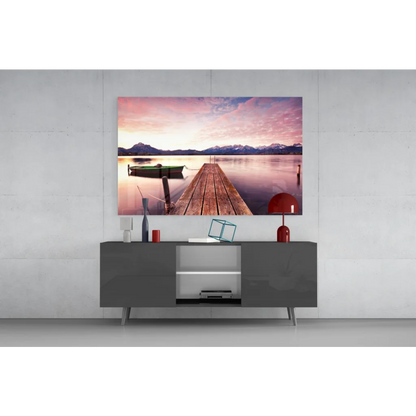 Serene Twilight Lake Dock wall art with mountain sunset and boat