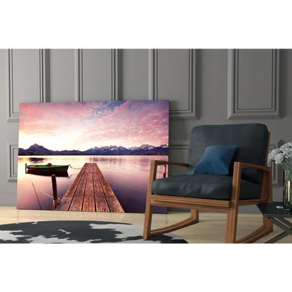 Serene lakeside dock canvas wall art with mountain sunset