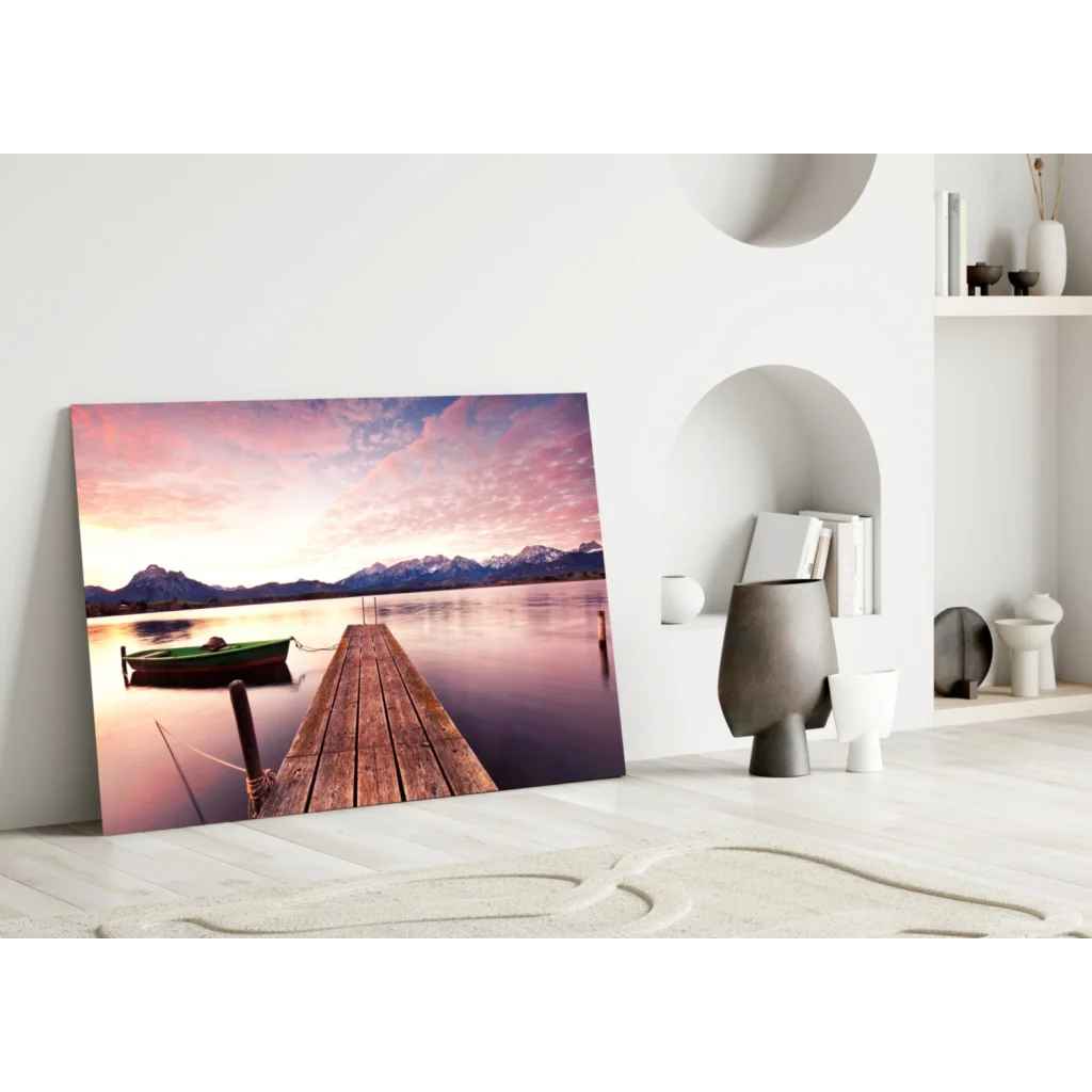 Twilight Lake Dock Canvas Wall Art with Mountain Sunset | Modern Wall Art Decor | vintageantiquesgifts.com