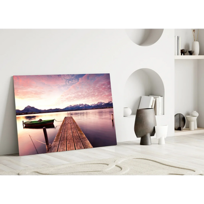 Twilight Lake Dock Canvas Wall Art with Mountain Sunset | Modern Wall Art Decor | vintageantiquesgifts.com