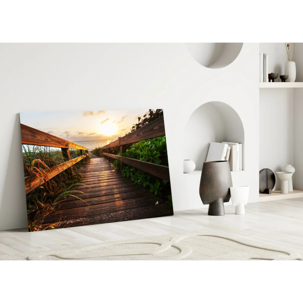 Sunset boardwalk canvas wall art with golden glow on wood textures