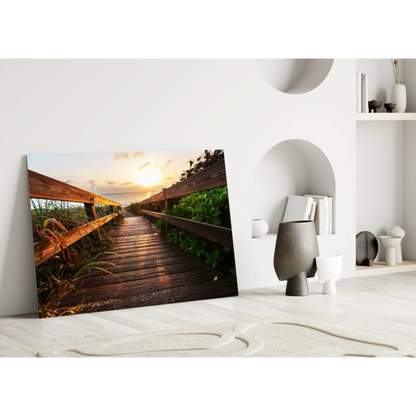 Sunset boardwalk canvas wall art with golden glow on wood textures