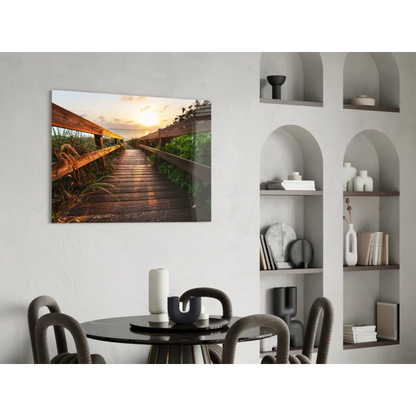 Sunset boardwalk canvas wall art with golden glow on wet planks