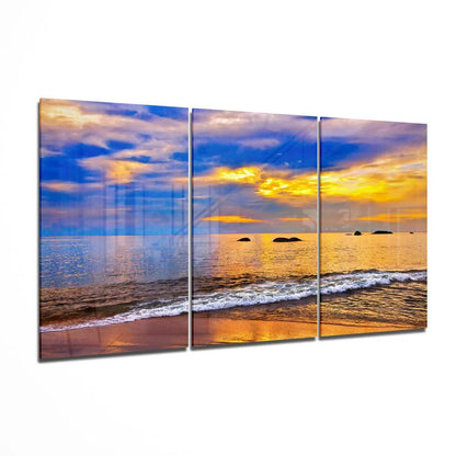 Vibrant sunset ocean glass wall art tri-panel canvas print