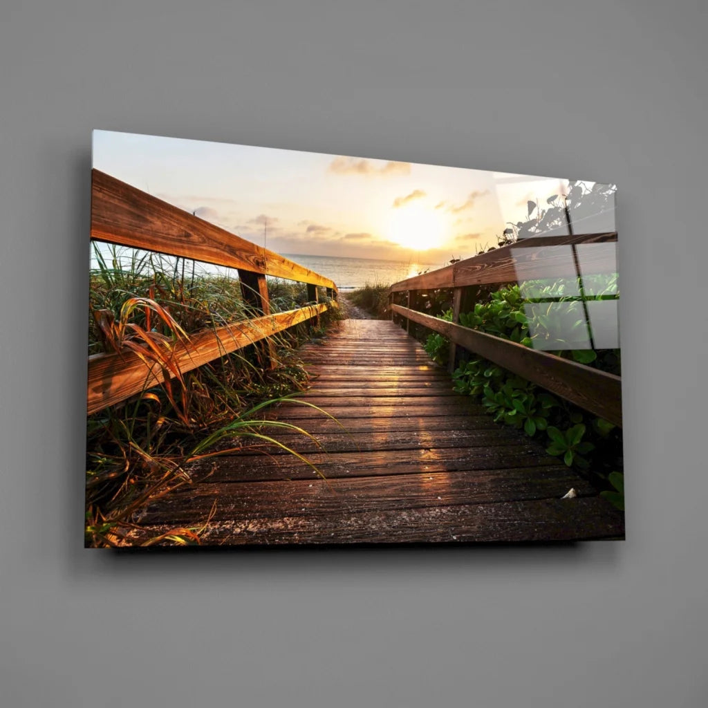 Sunset boardwalk wall art with golden glow on weathered planks