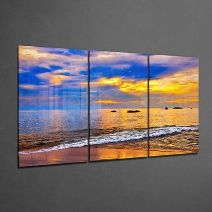 Vibrant sunset ocean glass wall art tri-panel canvas print