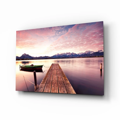 Twilight Lake Dock Canvas Wall Art with Mountain Sunset | Insigneart USA | vintageantiquesgifts.com