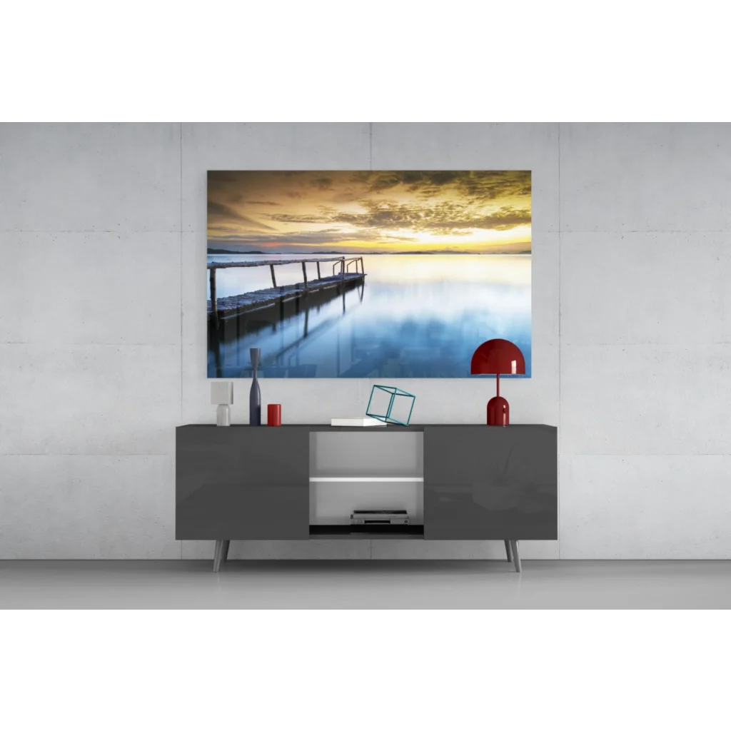 Serene sunset pier canvas wall art with golden hour reflection