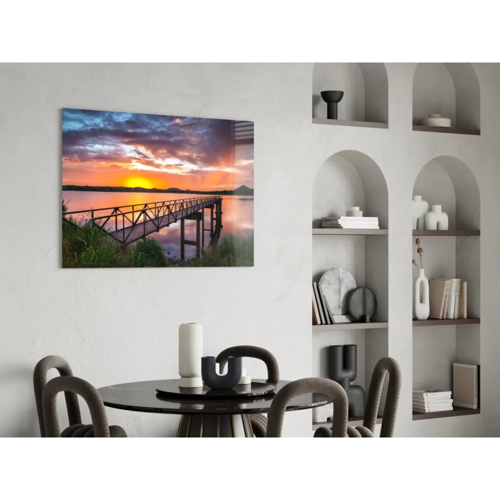 Vibrant sunset pier glass wall art over tranquil waters