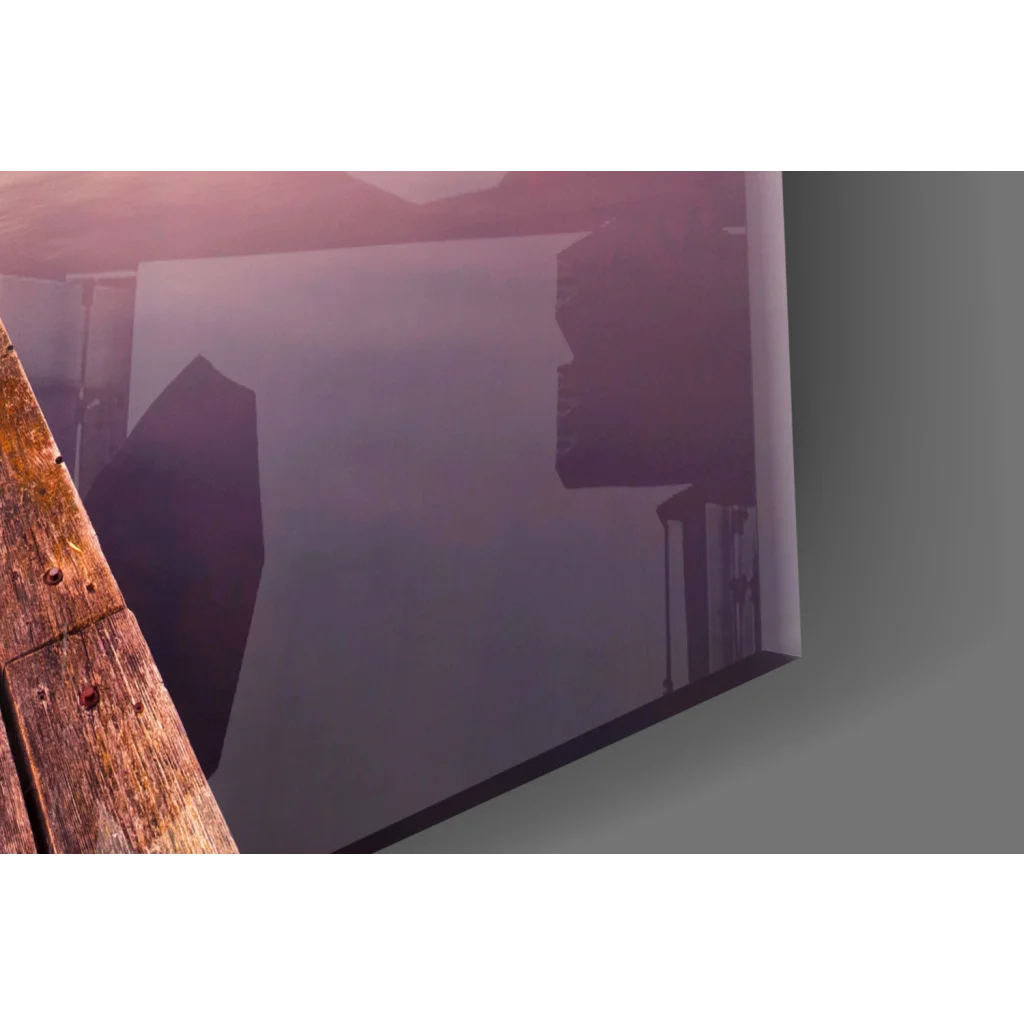Sleek TV displaying Twilight Lake Dock glass wall art with mountain sunset