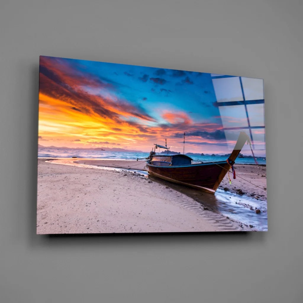 Vibrant sunset beach longtail boat wall art print