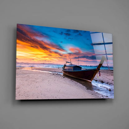 Vibrant sunset beach longtail boat wall art print