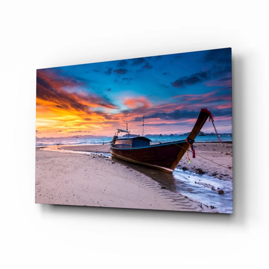 Sunset beach longtail boat canvas wall art print