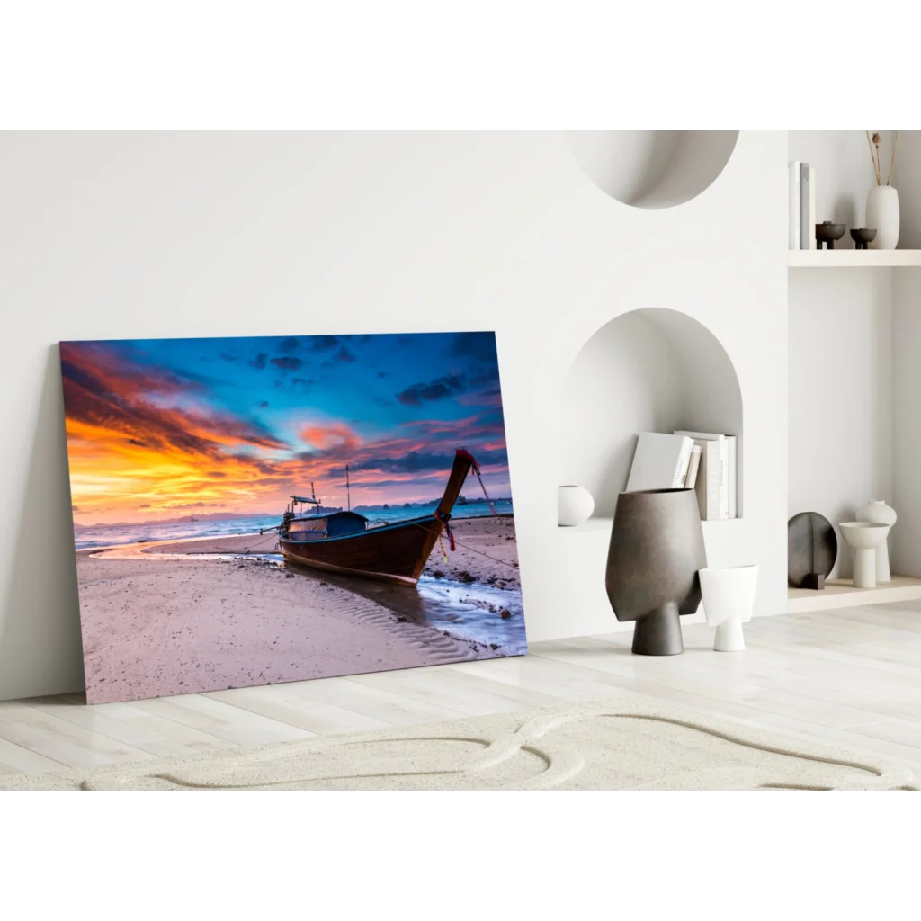 Vibrant sunset beach longtail boat wall art canvas print