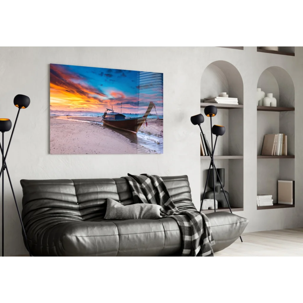 Vibrant sunset beach canvas wall art with longtail boat on shore