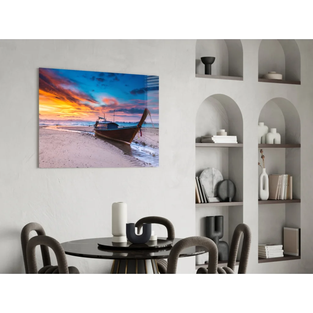 Vibrant sunset beach longtail boat canvas wall art print