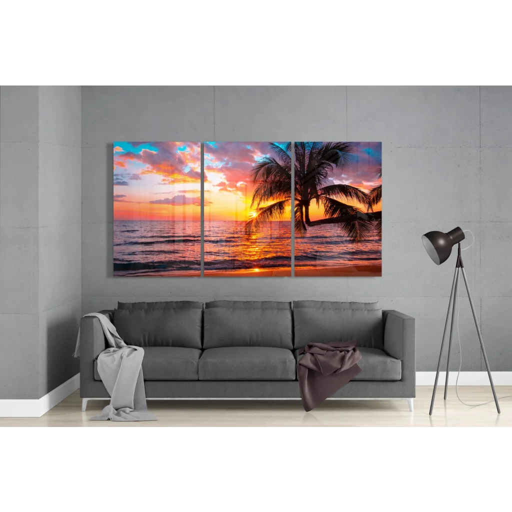 Vibrant insigne glass art of tropical sunset with palms and waves