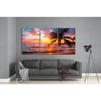 Vibrant insigne glass art of tropical sunset with palms and waves