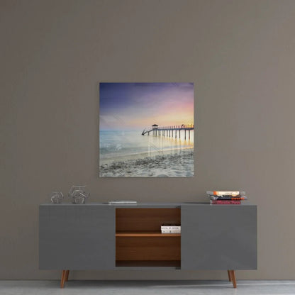 Modern gray sideboard with open shelves, copper legs, and tempered glass art