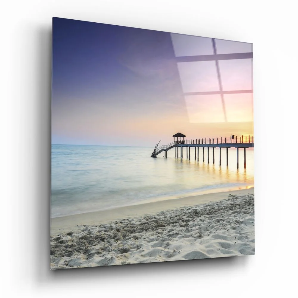 Sunset beach pier glass art print in tempered glass with size comparison