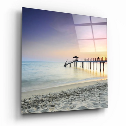 Sunset beach pier glass art print in tempered glass with size comparison
