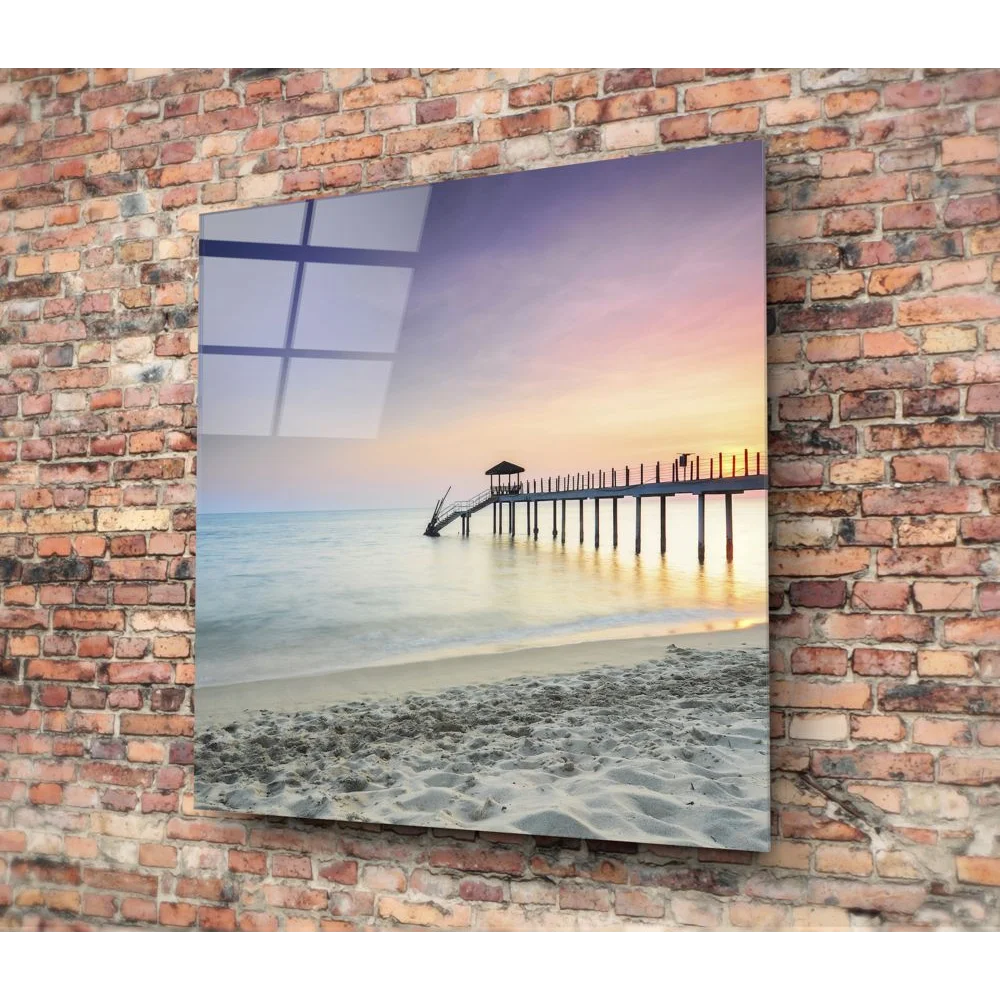 Sunset Beach Pier tempered glass art wall display with size comparison