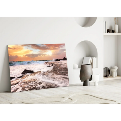 Sunset beach waves textured canvas wall art print