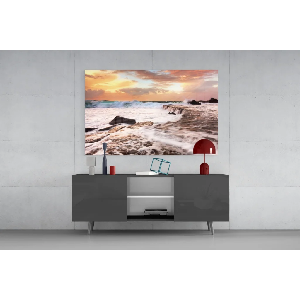 Modern gray sideboard with silver legs under Sunset Beach Waves wall art