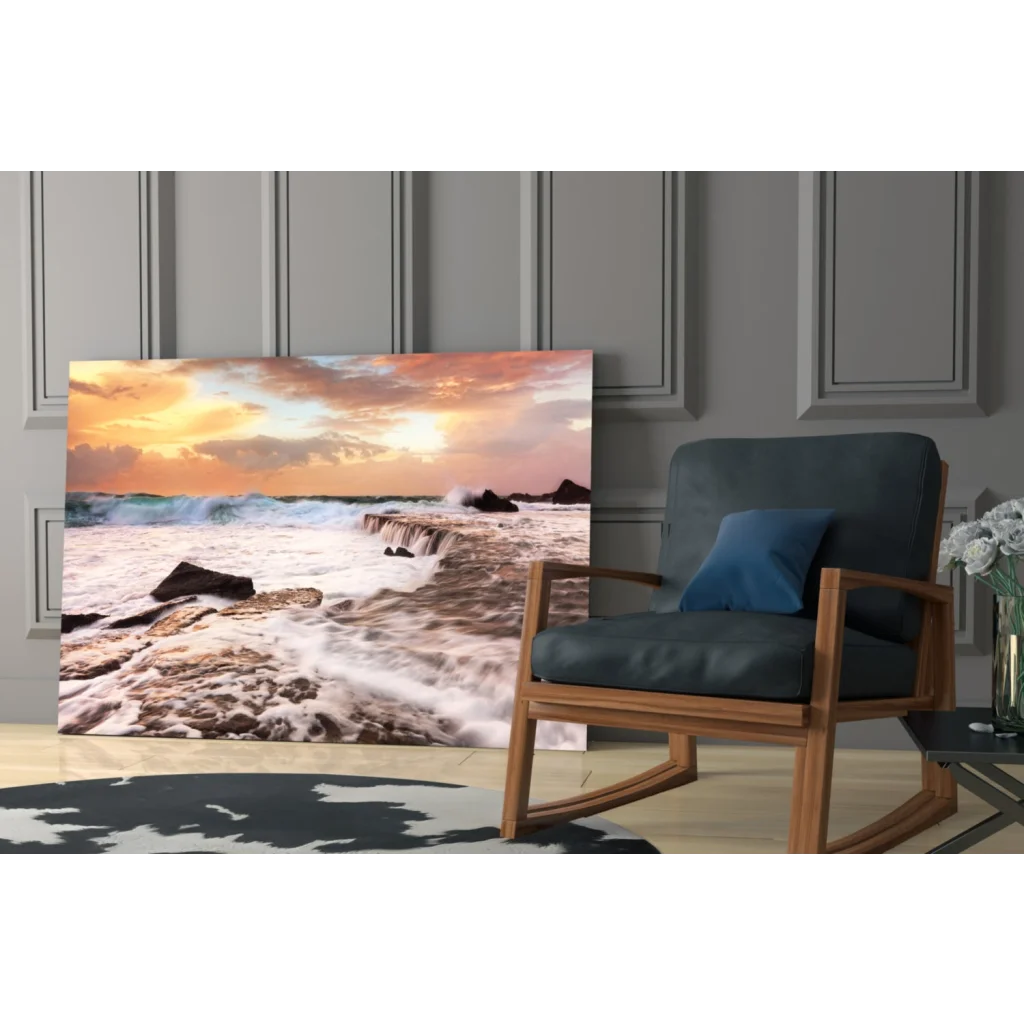 Sunset beach waves canvas wall art print in wooden frame