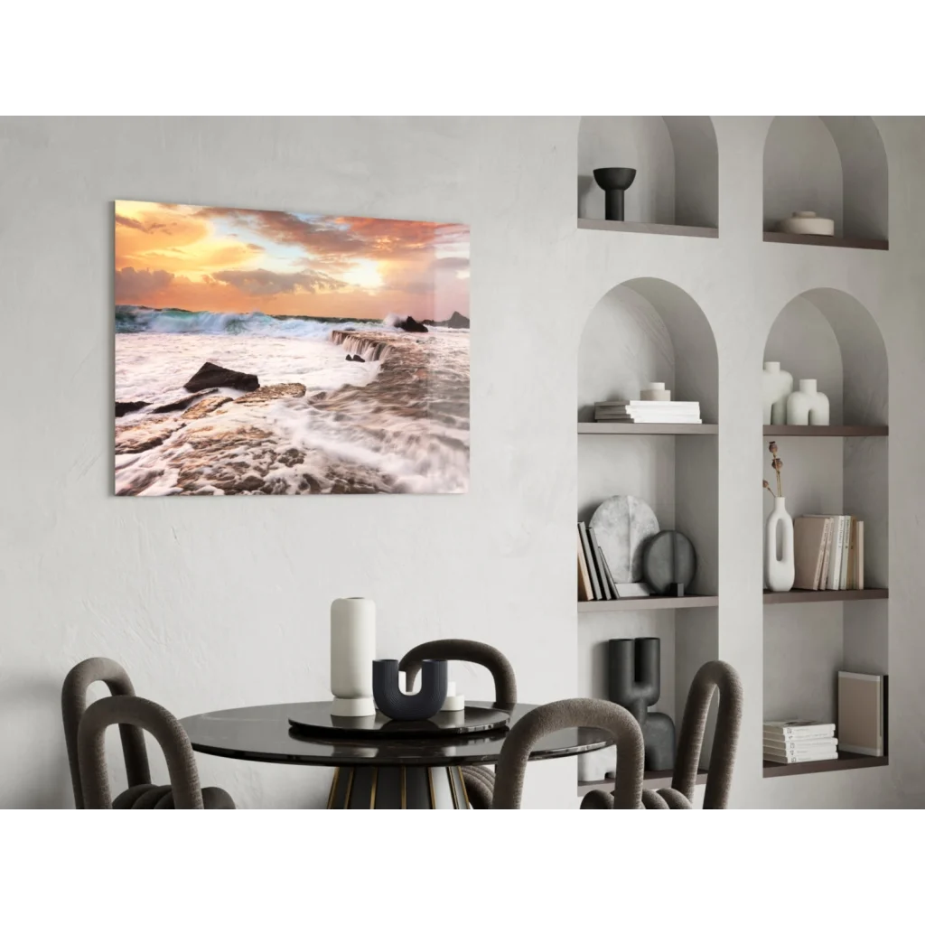 Modern black round dining table under Sunset Beach Waves wall art