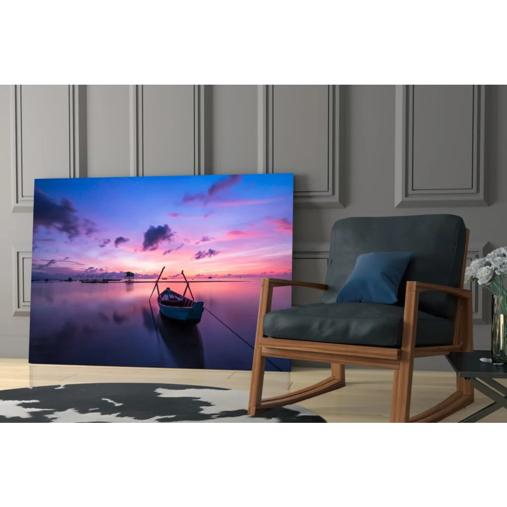 Serene sunset boat canvas wall art with purple pink sky