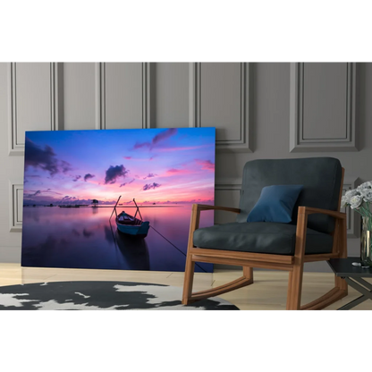 Serene sunset boat canvas wall art with purple pink sky