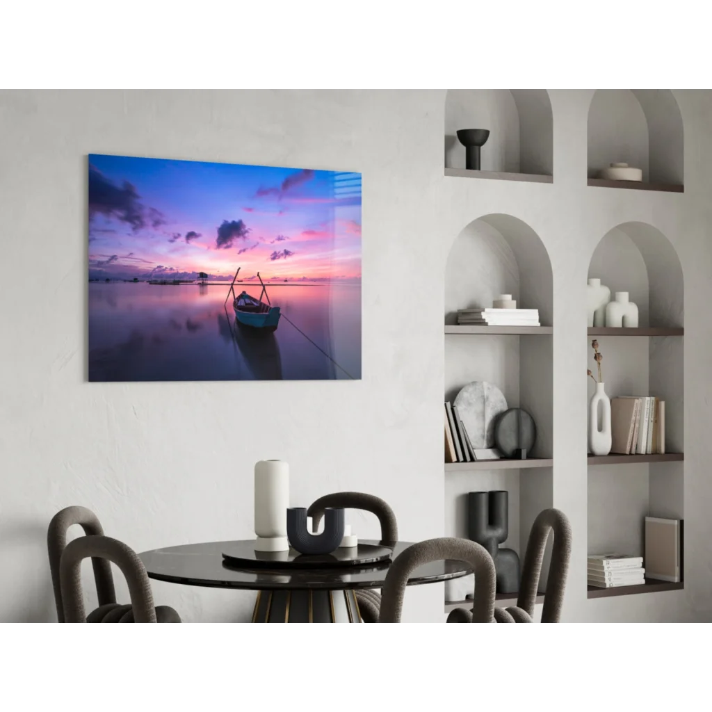 Serene sunset boat canvas wall art with purple pink sky on white wall