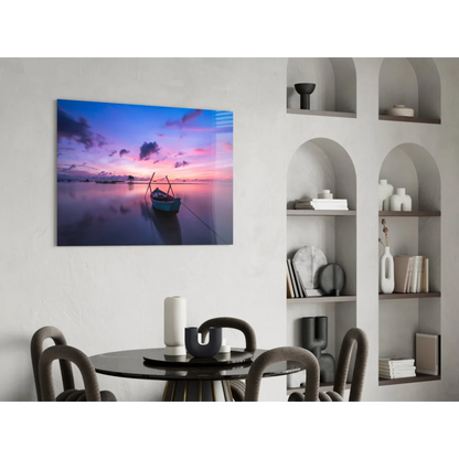 Serene sunset boat canvas wall art with purple pink sky on white wall