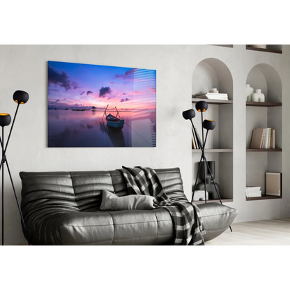 Sunset Boat Canvas Wall Art with Purple Pink Sky | Contemporary Home Wall Art | vintageantiquesgifts.com