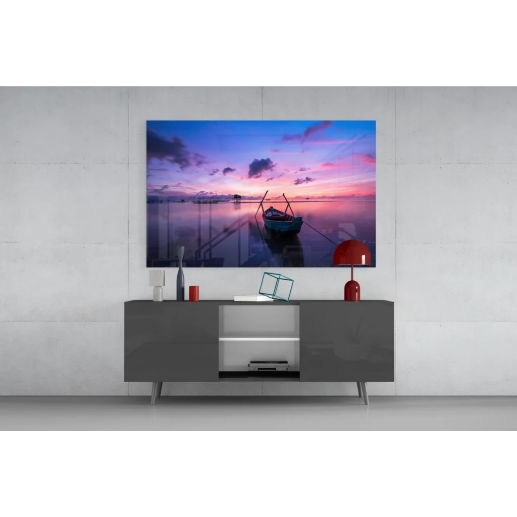 Serene sunset boat wall art with purple pink sky on canvas